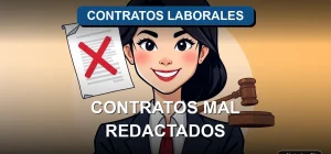 Imagen ilustrativa sobre las consecuencias legales de un contrato de trabajo mal redactado en Chile. Una abogada joven profesional, con atuendo corporativo, sonríe con confianza junto a objetos legales flotantes.