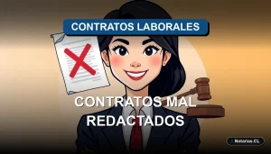Imagen ilustrativa sobre las consecuencias legales de un contrato de trabajo mal redactado en Chile. Una abogada joven profesional, con atuendo corporativo, sonríe con confianza junto a objetos legales flotantes.