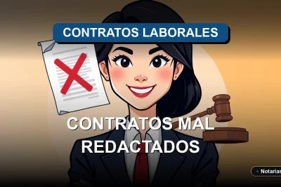 Imagen ilustrativa sobre las consecuencias legales de un contrato de trabajo mal redactado en Chile. Una abogada joven profesional, con atuendo corporativo, sonríe con confianza junto a objetos legales flotantes.