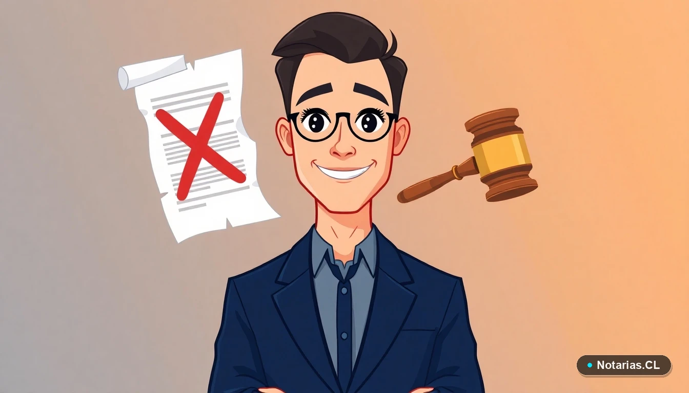 Ilustración de un abogado experto en derecho laboral chileno analizando un contrato de trabajo con errores y una advertencia legal.