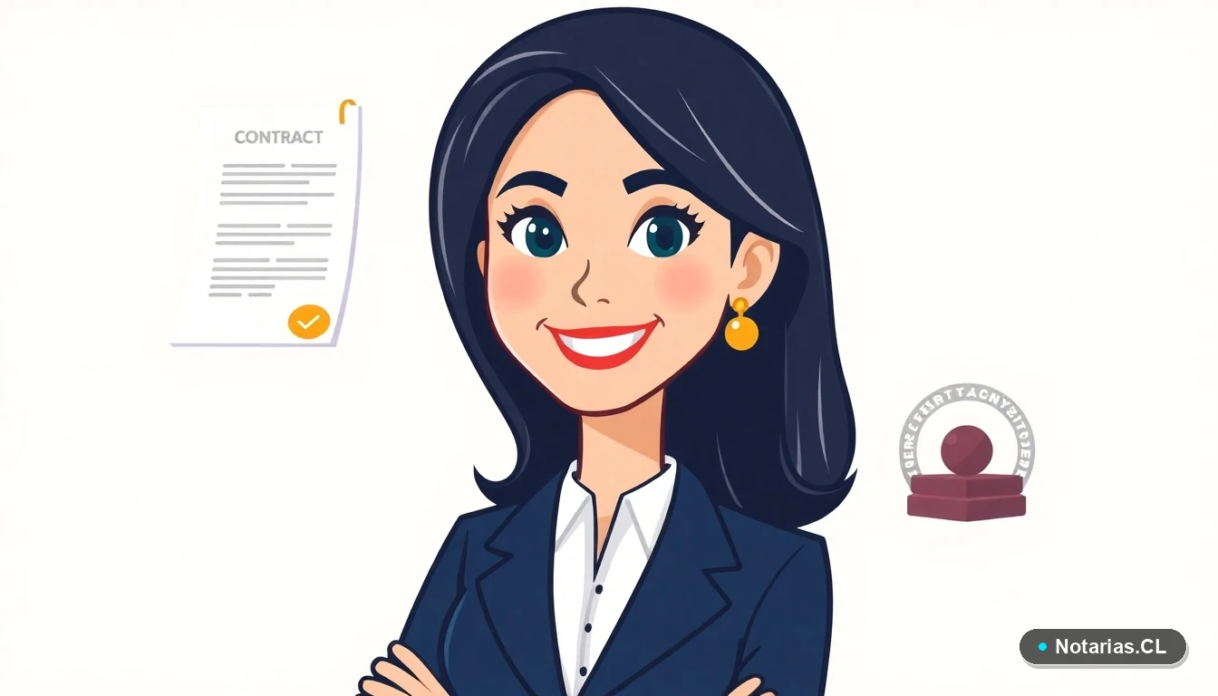 Ilustración de una notaria profesional junto a un documento notarial, representando la formalidad de la declaración jurada.
