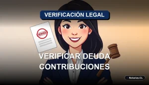 Ilustración de una joven abogada profesional sonriente, con atuendo corporativo, junto a un contrato digital y un sello notarial flotantes. Representa la importancia de la verificación legal de deudas de contribuciones antes de comprar una propiedad en Chile.