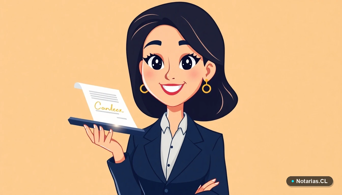 Ilustración de una notaria profesional explicando el proceso de firma digital de documentos de manera ágil y segura.