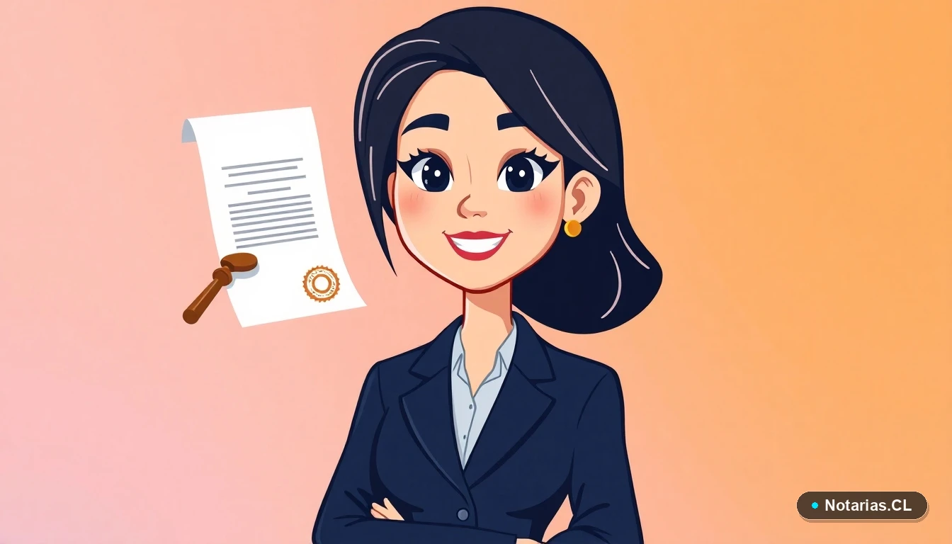 Ilustración de una abogada explicando el proceso de apostilla de documentos chilenos para uso internacional.