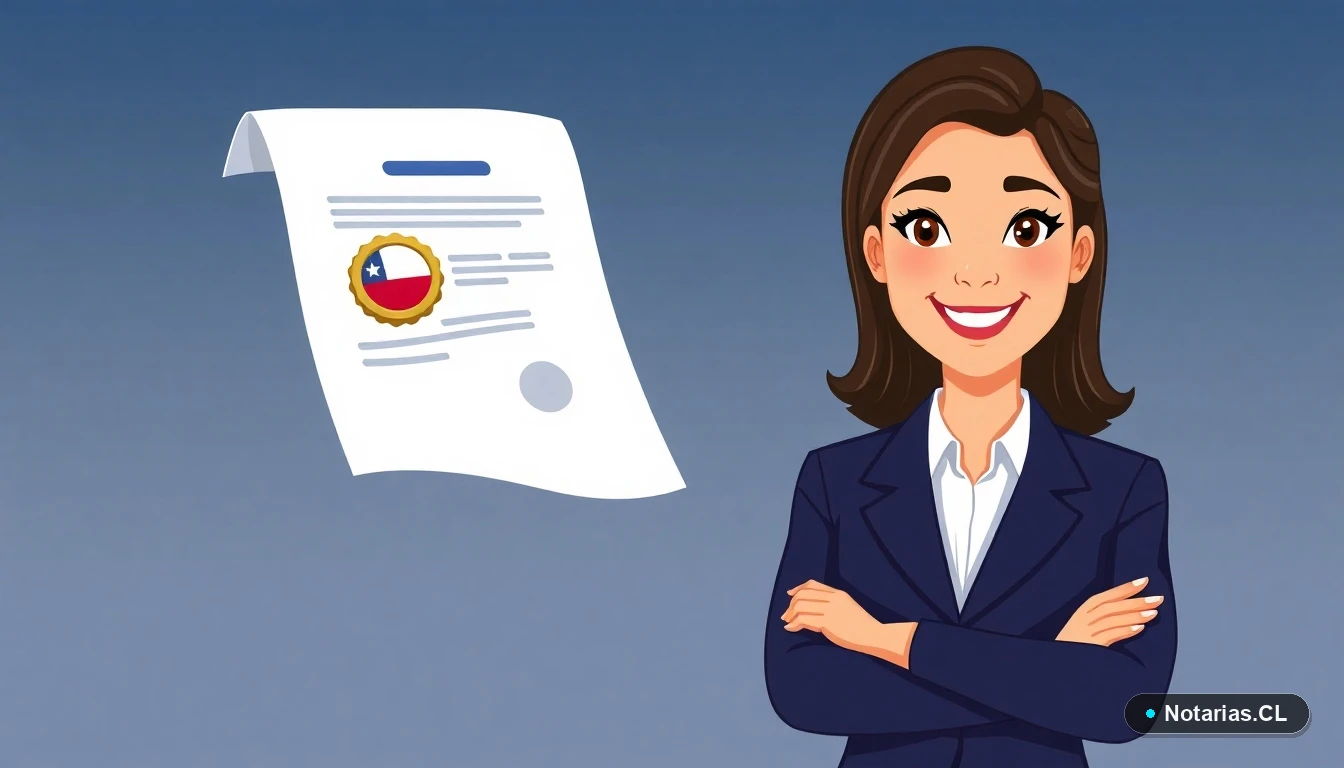 Ilustración de una abogada junto a un certificado digital con sello oficial, representando la validez legal de los documentos electrónicos en Chile.