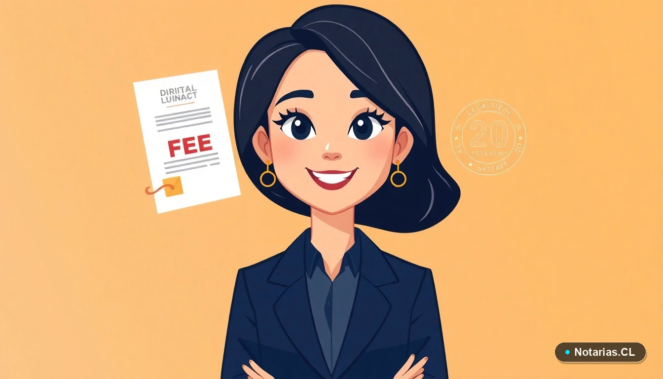 Ilustración de una abogada explicando los aranceles notariales y documentos legales para evitar cobros excesivos.
