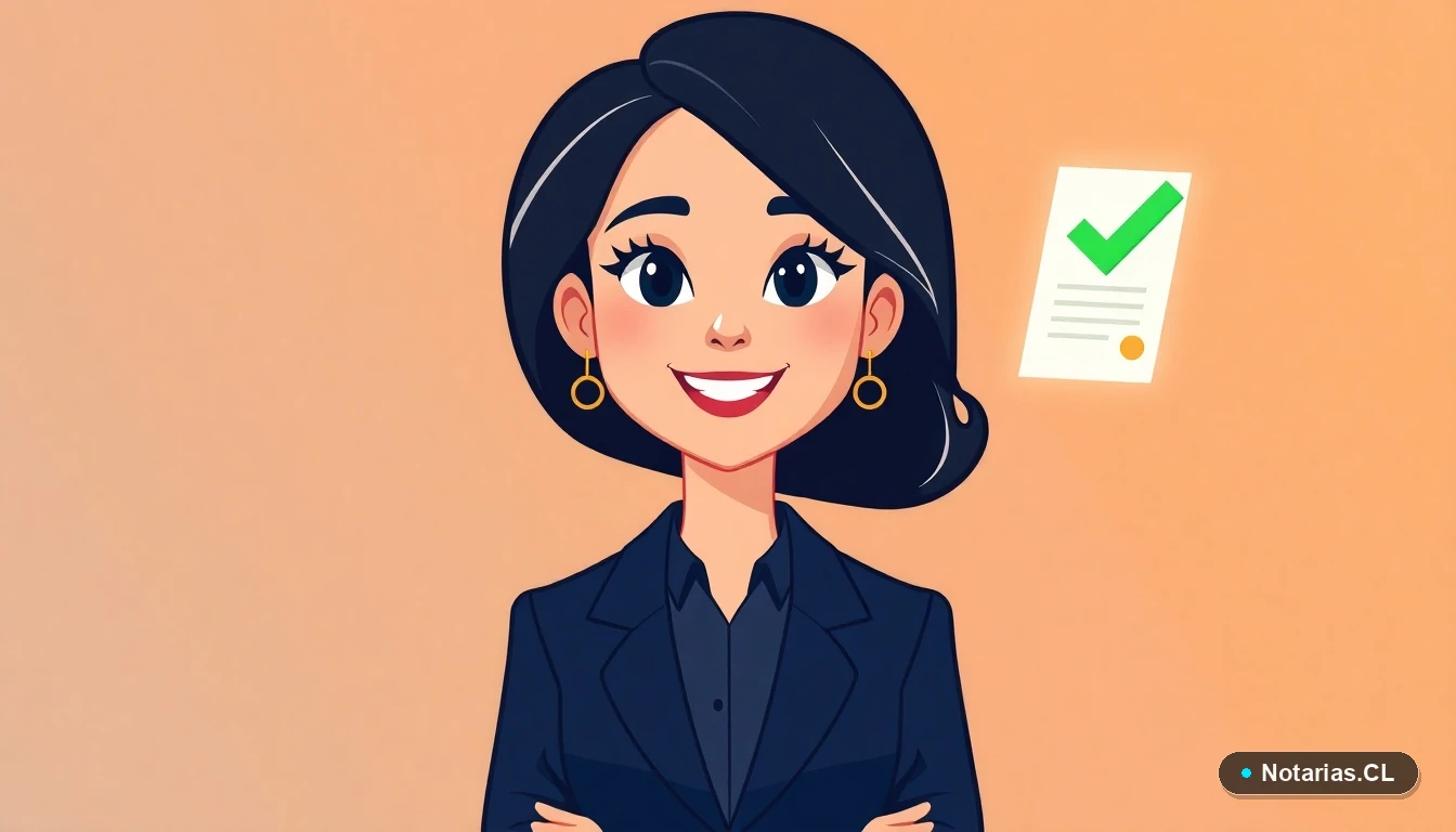 Ilustración de una abogada verificando la autenticidad de un documento digital con firma electrónica.