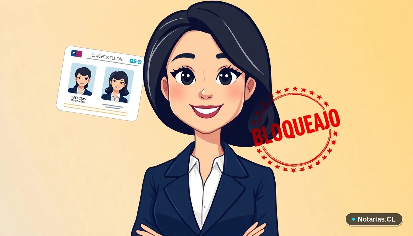Ilustración de una abogada explicando el bloqueo de una cédula de identidad chilena con sello de bloqueo.