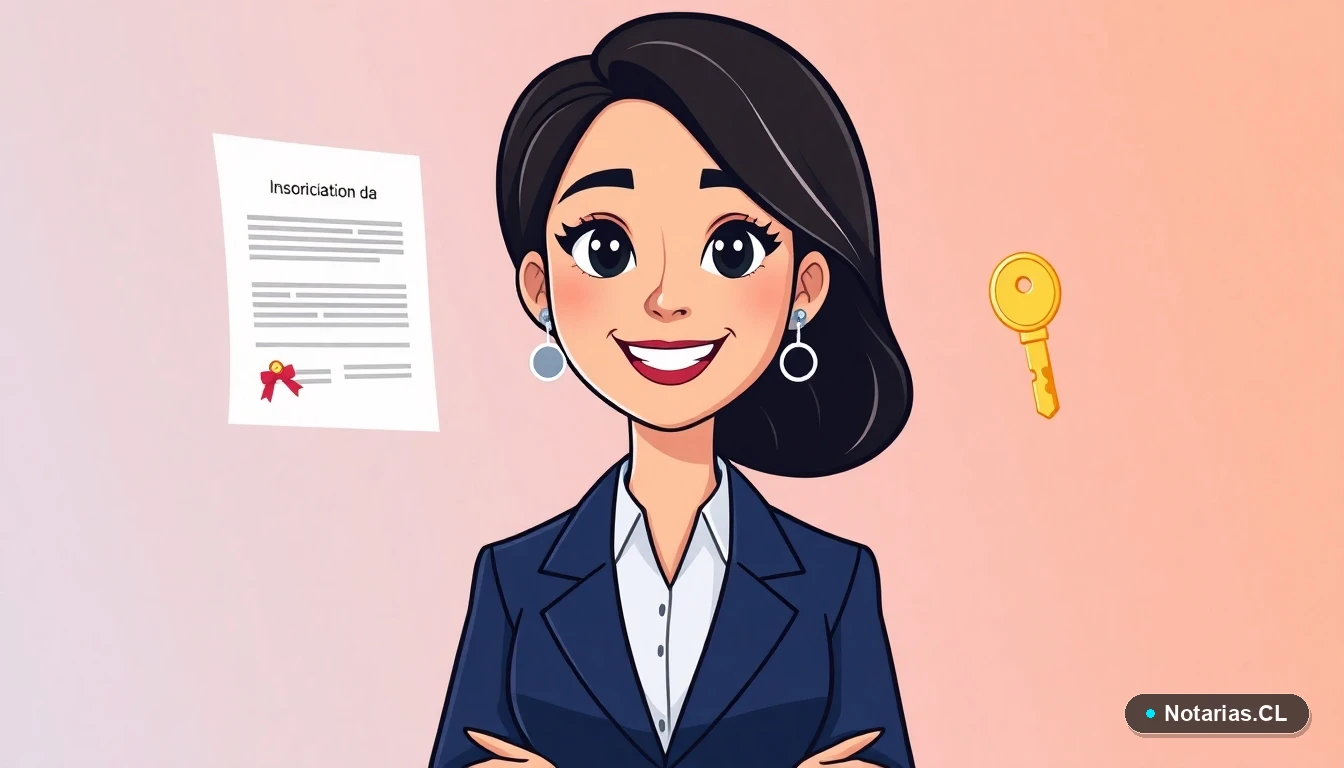 Ilustración de una abogada explicando el proceso de inscripción de herencia ante el Conservador de Bienes Raíces.