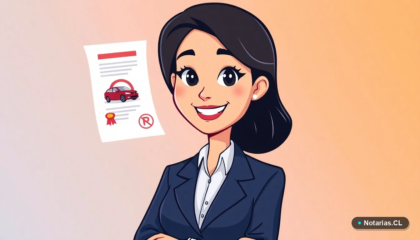 Ilustración de una abogada explicando los documentos para una compraventa vehicular segura.