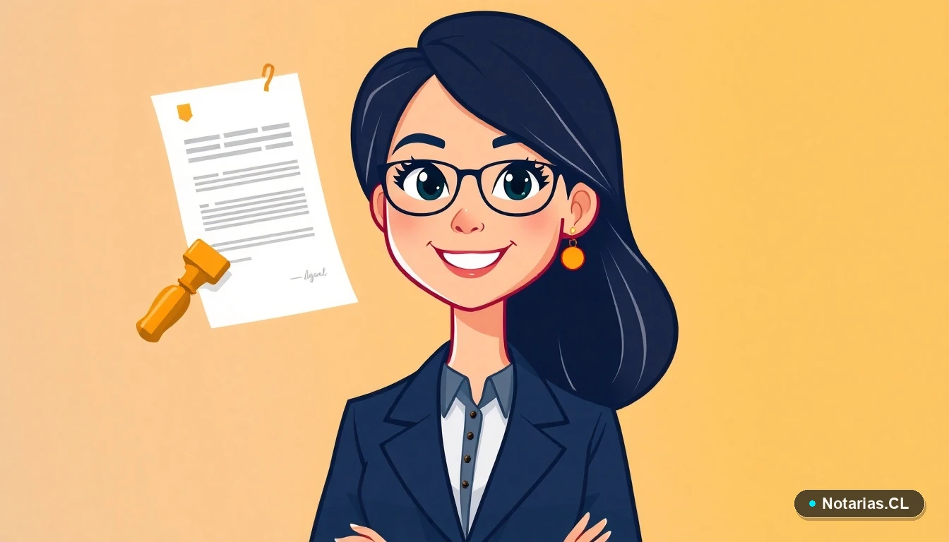 Ilustración de una notaria profesional explicando documentos legales que requieren fe pública.