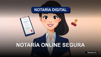 Abogada chilena sonriente con traje profesional junto a un contrato digital y un sello notarial flotantes, representando la validez legal de una notaría online en Chile.