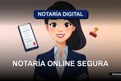 Abogada chilena sonriente con traje profesional junto a un contrato digital y un sello notarial flotantes, representando la validez legal de una notaría online en Chile.
