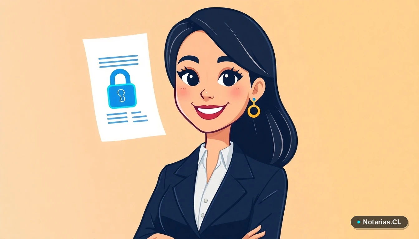 Ilustración de una notaria profesional junto a un contrato digital seguro y un sello notarial flotante, representando la notaría online confiable.
