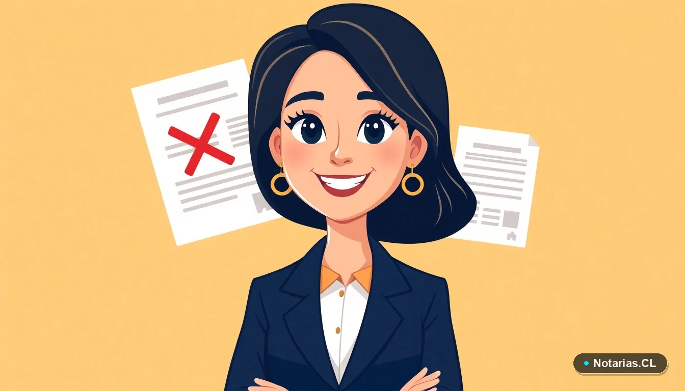 Ilustración de una abogada experta analizando un documento de propiedad con un reparo marcado, representando la asesoría legal profesional.