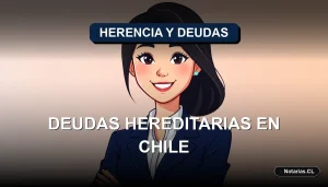 Ilustración vectorial plana de una abogada joven profesional sonriente y segura, con atuendo corporativo, en un estilo de caricatura corporativa LegalTech. A su lado flotan objetos legales estilizados: un contrato vectorial y un sello notarial digital. Fondo con degradado suave. Representa el tema de la responsabilidad de los herederos ante las deudas del causante en Chile.