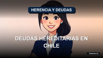 Ilustración vectorial plana de una abogada joven profesional sonriente y segura, con atuendo corporativo, en un estilo de caricatura corporativa LegalTech. A su lado flotan objetos legales estilizados: un contrato vectorial y un sello notarial digital. Fondo con degradado suave. Representa el tema de la responsabilidad de los herederos ante las deudas del causante en Chile.