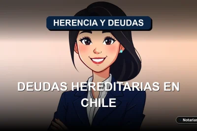 Ilustración vectorial plana de una abogada joven profesional sonriente y segura, con atuendo corporativo, en un estilo de caricatura corporativa LegalTech. A su lado flotan objetos legales estilizados: un contrato vectorial y un sello notarial digital. Fondo con degradado suave. Representa el tema de la responsabilidad de los herederos ante las deudas del causante en Chile.
