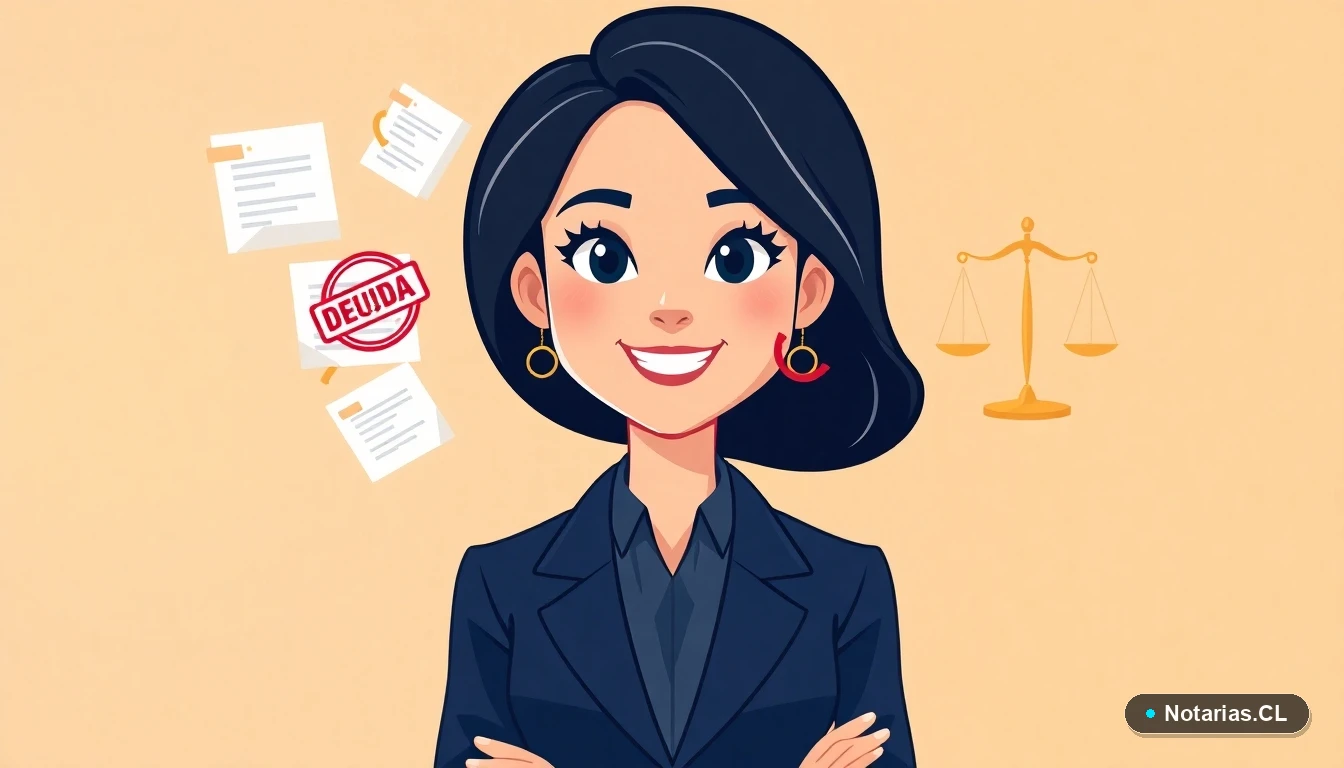 Ilustración de una abogada explicando la responsabilidad sobre deudas del fallecido y herederos en Chile.