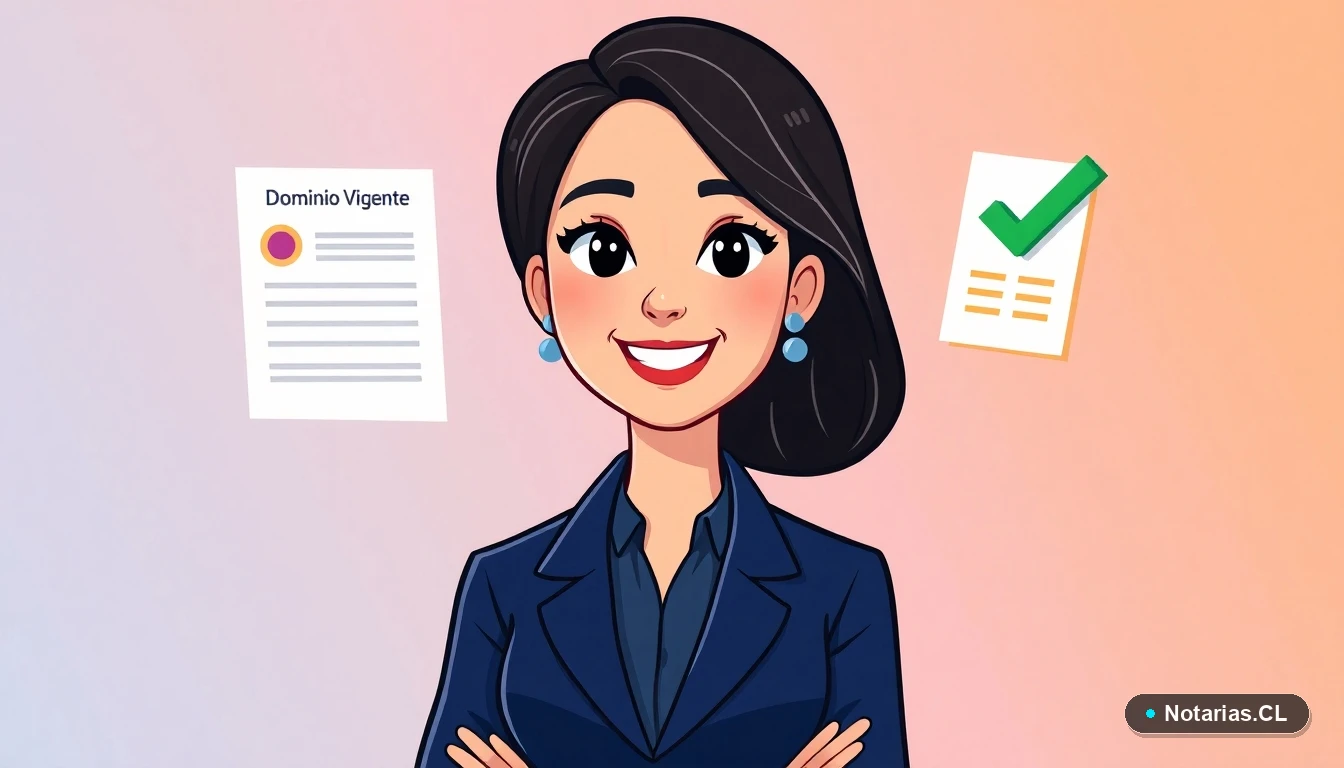 Ilustración de una abogada verificando un documento de dominio vigente de una propiedad.