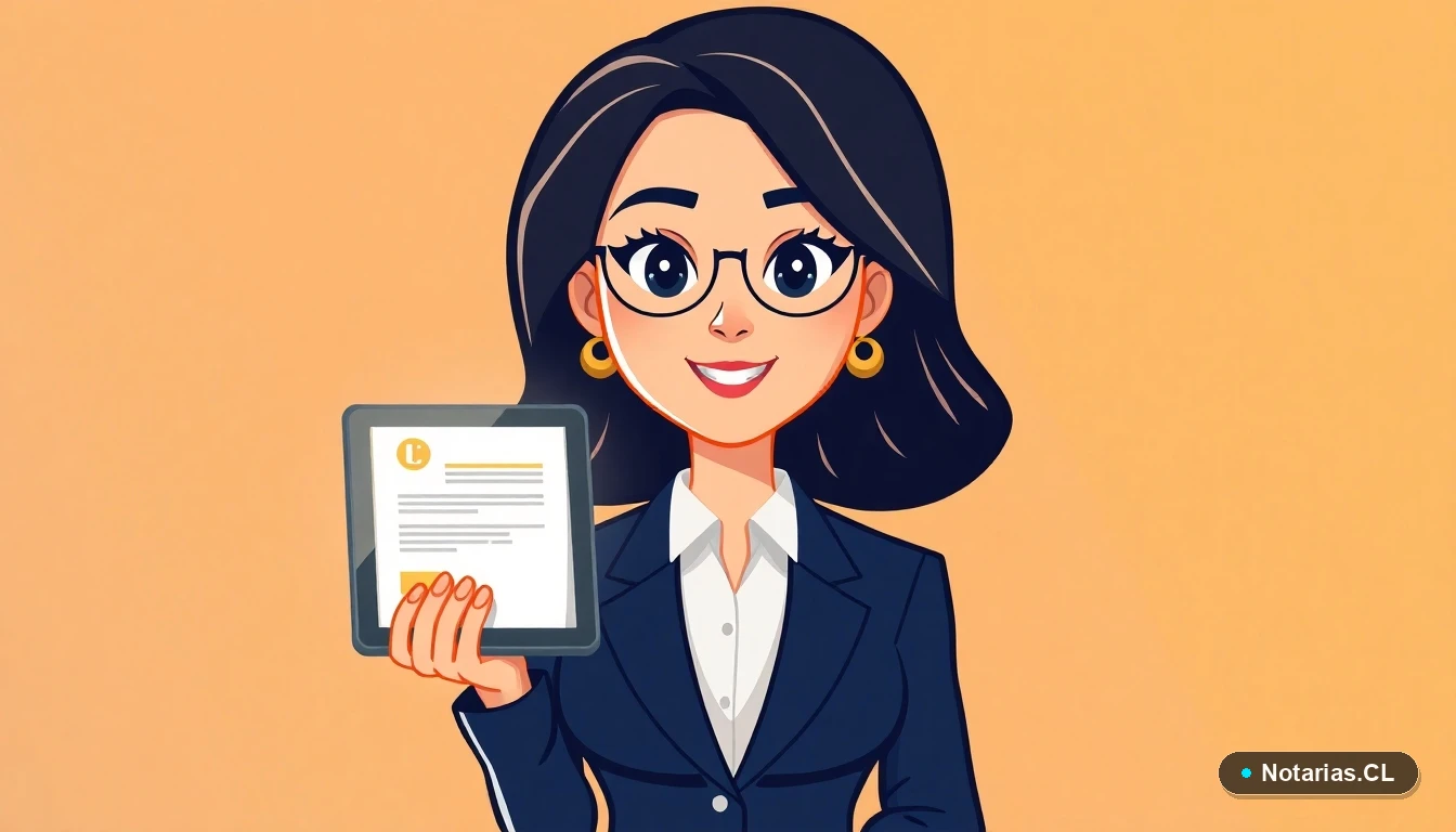 Ilustración de una abogada experta en firma electrónica junto a un documento digital con firma electrónica, representando la validez legal en Chile.